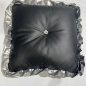 Cushion - Real Leather Cushion - stock - black & Silver frill with Crystal button
