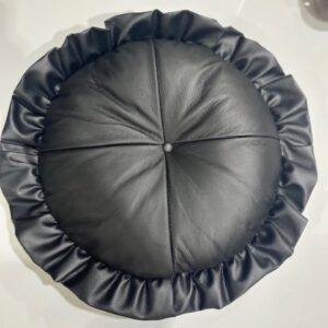 Cushion - Round Real Leather Cushion - stock - black & black frill